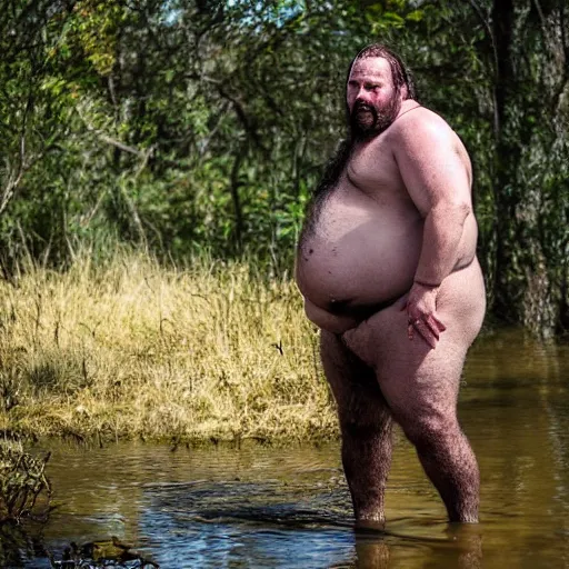 Image similar to hideous ugly hairy greasy glistening dirty horrible man with many folds of fat and bagwings, standing in a swamp, dramatic shadows, beautiful imagery, high quality, award - winning photograph