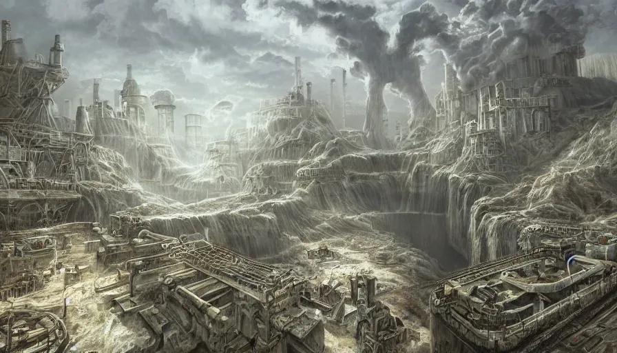Prompt: cement factory in a giant sinkhole. incredibly detailed fantasy art. matte painting. concept art.