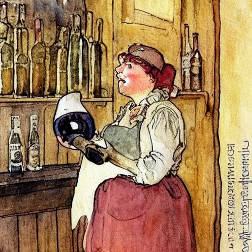 Image similar to hot blonde working in a wine cellar, food, pork, beer, schnapps, rustic, traditional, torches on the wall, watercolor by carl larsson