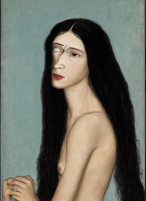 Image similar to a portrait of a woman considered the most beautiful woman in the world. She has a well-proportioned figure. She is very tall and slender with long black hair that extends past her waist with locks of hair that frame her face down to her chin and shows off her high forehead, dark brown eyes with long, voluminous eyelashes and pale skin. She has a narrow waist and very large chest, pink hearts in the background , romantic themed, beautiful face, intricate, highly detailed, digital painting, artstation, concept art, smooth, sharp focus, illustration, art by Noriyoshi Ohrai