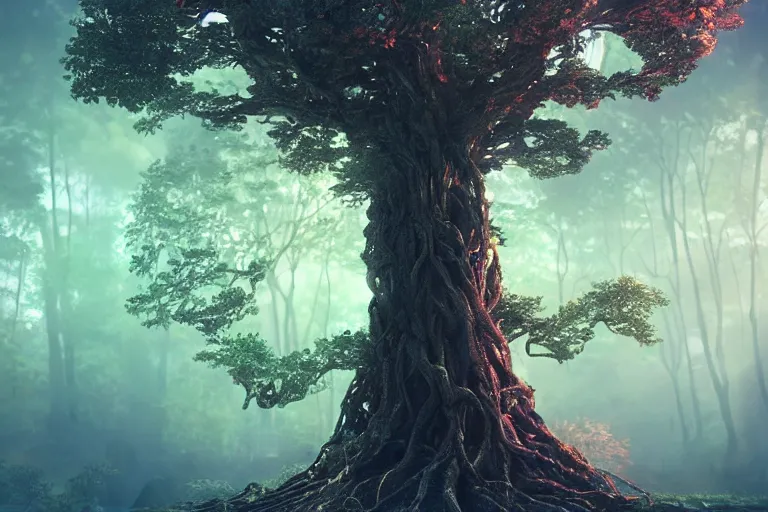 Prompt: Cybernetic tree of life in a forest clearing, hyper real, 8k, colorful, 3D cinematic volumetric light, atmospheric light, studio ghibli inspired, fantasy LUT, high contrast, epic composition, satisfying cable management, dreamlike, surreal, angelic, by Moebius, wired roots