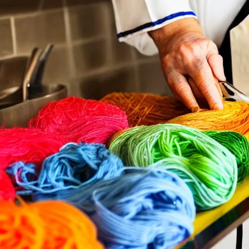 Prompt: italian chef cooking a plate of colorful yarn like spaghetti