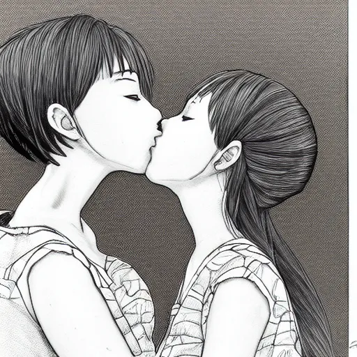 Image similar to portrait of two girls kissing, detailed manga art