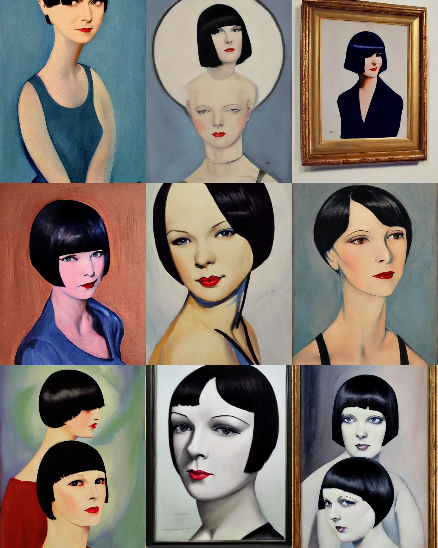 Prompt: painting of mary louise brooks 2 0 years old, bob haircut, portrait by nicolay diulgheroff, 1 9 2 0 s, art decos