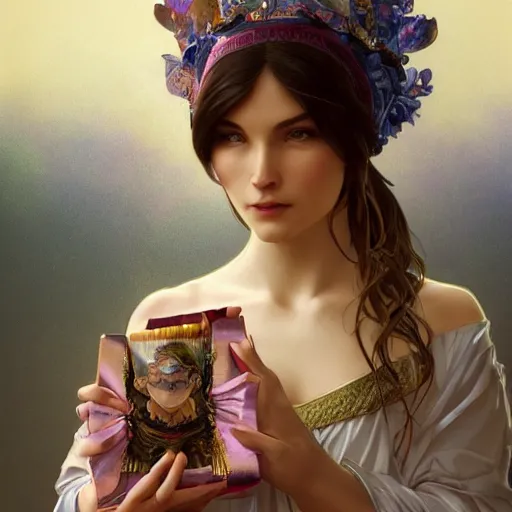 Prompt: a fortune teller holding a wrapped birthday gift with a confused look on their face, art by artgerm and greg rutkowski and alphonse mucha, concept art, octane render, unreal engine 5, highly detailed, high quality, 8 k, soft lighting, realistic face, path traced