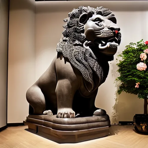 Prompt: professional photography of a massive Chinese lion statue surrounded by peonies, 8k, detailed, trending, studio lighting