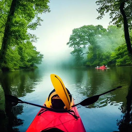 Prompt: Kayakers paddling on a foggy, meandering river winding through an oak hickory forest, in the background the river flows into outer space, a planet with rings is on the horizon, pop art