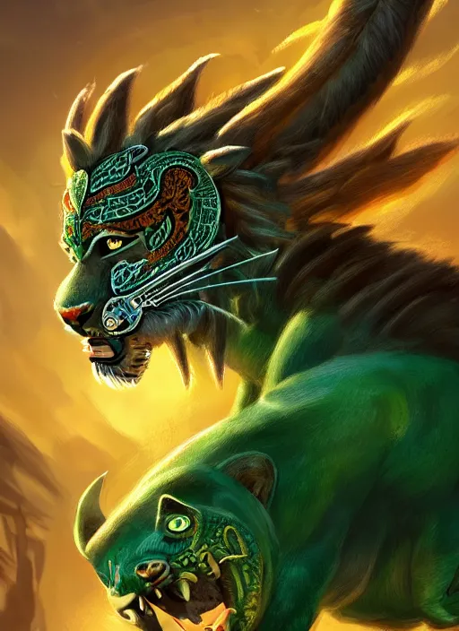 Image similar to a highly detailed illustration of fierce young aztec jaguar warrior boy wearing green jaguar mane, heroic roaring wielding aztec macuahuitl pose, muscular, intricate, elegant, highly detailed, centered, digital painting, artstation, concept art, smooth, sharp focus, league of legends concept art, wlop