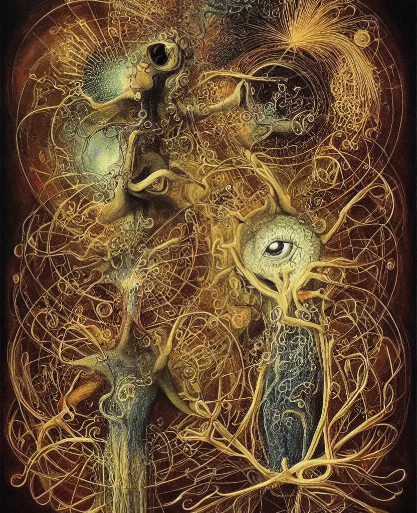 Image similar to whimsical freaky creature sings a unique canto about'as above so below'being ignited by the spirit of haeckel and robert fludd, breakthrough is iminent, glory be to the magic within, painted by ronny khalil