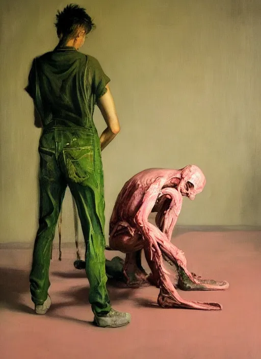 Prompt: an insane, skinny, artist wearing torn overalls, expressive emotions, inside a grand messy studio, depth of field, hauntingly surreal, highly detailed oil painting, by francis bacon, edward hopper, adrian ghenie, glenn brown, soft light 4 k in pink, green and blue colour palette, cinematic composition, high quality octane render, masterpiece
