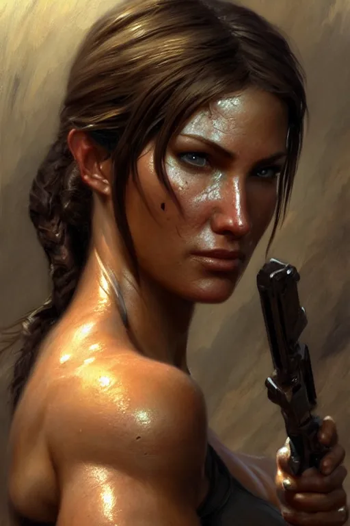 Image similar to muscular sweat lara croft, face close up, highly detailed painting by gaston bussiere, craig mullins, j. c. leyendecker 8 k