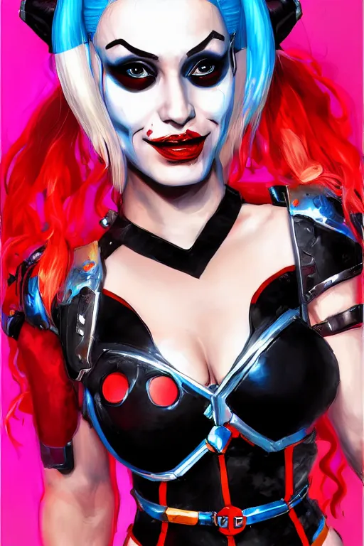Image similar to portrait of Harley Quinn in bikini armor, dc comics, cyberpunk, Warhammer 40000, digital art from artstation