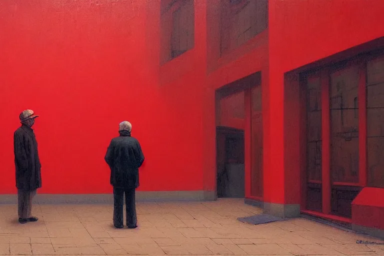 Prompt: only with red, a red old man try to sell a portrait, crowd cheering, in a city square, in the style of beksinski, parts by edward hopper, parts by rodcenko, parts by yue minjun, intricate and epic composition, red by caravaggio, insanely quality, highly detailed, masterpiece, red light, artstation, 4 k