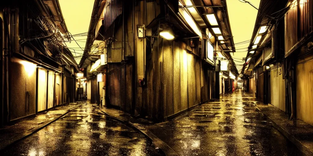 Image similar to quiet tokyo alley at night, raining, hdr, hyper realistic, hyperdetailed, epic composition, cinematic lighting, masterpiece, street photography