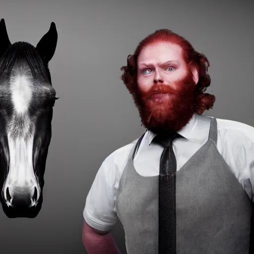 Image similar to a chimera of a man and a horse with a large red beard