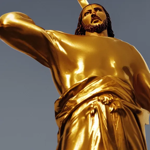 Prompt: gold statue of jesus on the cross, shiny, splash art, movie still, cinematic lighting, dramatic, octane render, long lens, shallow depth of field, bokeh, anamorphic lens flare, 8k, hyper detailed, 35mm film grain