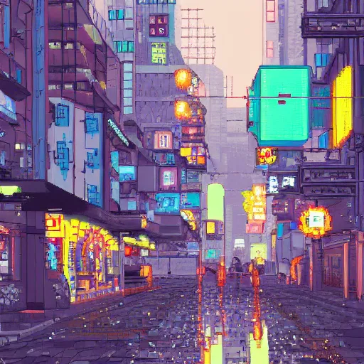 Prompt: alone on the rainy streets of Neo-Tokyo, incredibly detailed pixel art, trending on artstation