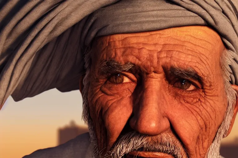 Image similar to hyperrealistic close up portrait of an old arabic man, wearing a turban, lit by dawn light, desert city on background, trending on artstation