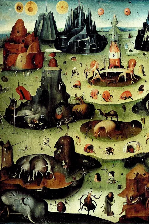 Image similar to a beautiful landscape with weird creatures by hieronymus bosch