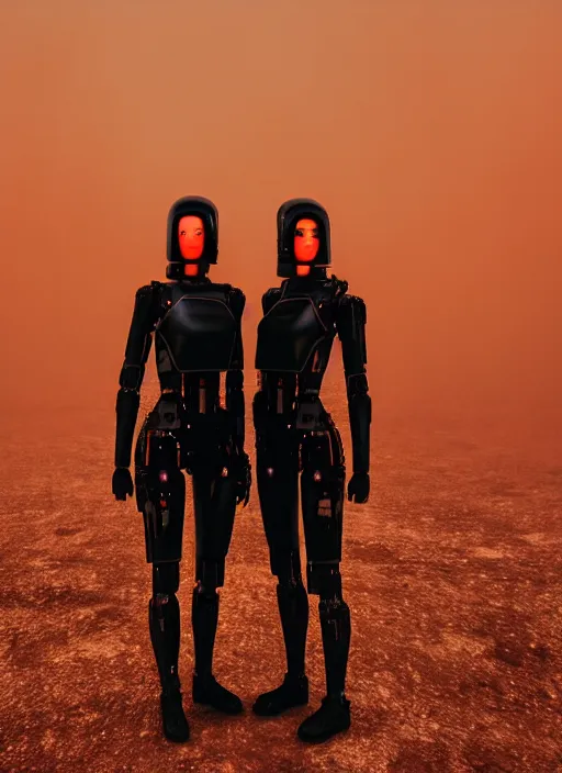 Image similar to cinestill 5 0 d photographic portrait of two loving female androids wearing rugged black techwear on a desolate plain with a brutalist monument and a red sky, extreme closeup, cyberpunk style, dust storm, 8 k, hd, high resolution, 3 5 mm, f / 3 2, ultra realistic faces, ex machina