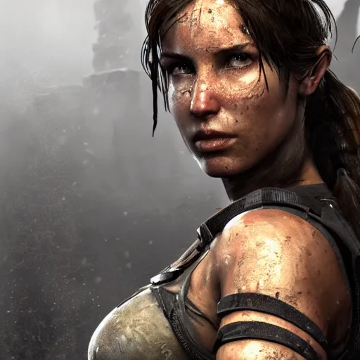 Prompt: Lara croft as blacksmith, wet face , heavy rain ,dramatic, intricate, highly detailed, concept art, smooth, sharp focus, illustration, Unreal Engine 5, 8K