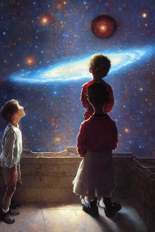 Image similar to a 5 year old boy and 1 2 year old girl looking at a wall and viewing the universe full of galaxies, part by norman rockwell, part by greg rutkowski, part by mattias adolfsson, high angle, ( ( ( ( volumetric lighting ) ) ) ), oil on canvas