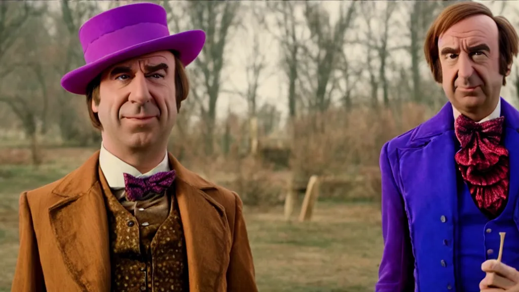 Image similar to saul goodman as Willy Wonka, film still from the movie directed by Denis Villeneuve with art direction by Salvador Dalí, wide lens