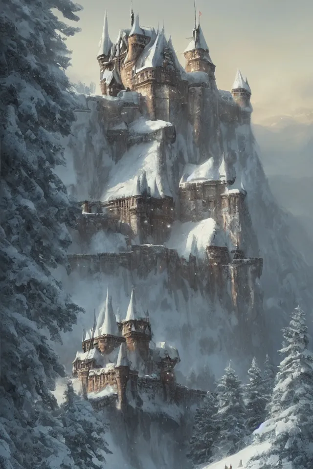 Image similar to a painting of a castle in the middle of a snowy mountain, a detailed matte painting by andreas rocha and greg rutkowski, featured on artstation, fantasy art, matte drawing, matte painting, artstation hq