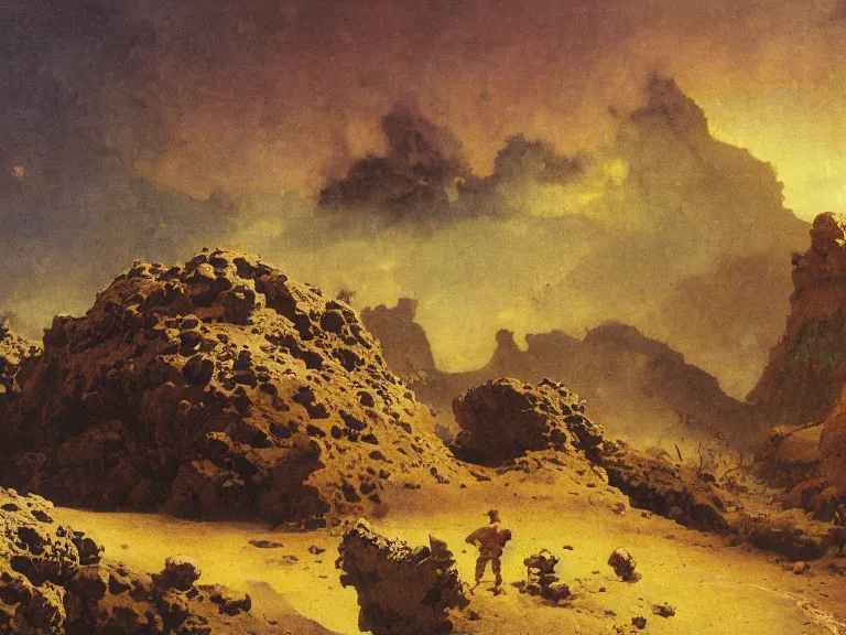 Prompt: an oil painting of a volcanic spring on an alien planet with crators and rocks. on a beautiful morning by beksinski carl spitzweg and tuomas korpi. baroque elements, full-length view. baroque element. intricate artwork by caravaggio. Trending on artstation. 8k