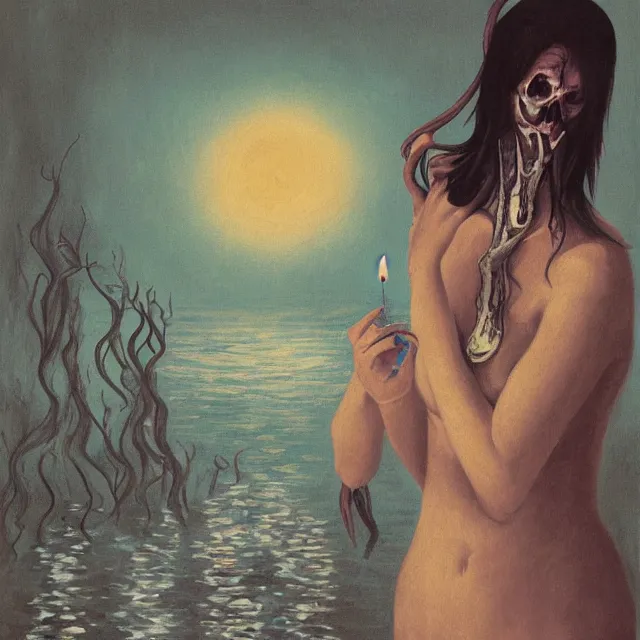 Image similar to tall female emo artist holding a skull in her flooded apartment, pomegranates, octopus, water gushing from ceiling, painting of flood waters inside an artist's apartment, a river flooding indoors, candles, ikebana, zen, rapids, waterfall, black swans, canoe, berries, acrylic on canvas, surrealist, by magritte and monet