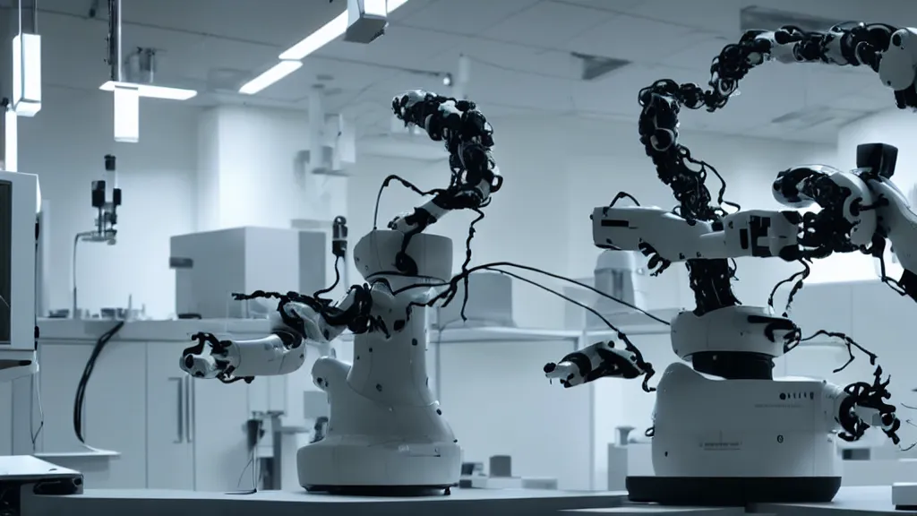 Image similar to a complex bifurcated robotic cnc surgical arm hybrid mri 3 d printer machine making black and white ceramic mutant forms in the laboratory inspection room, film still from the movie directed by denis villeneuve with art direction by salvador dali, wide lens