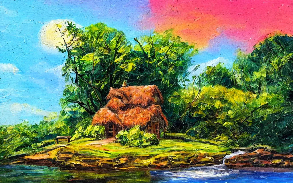 Image similar to a small island with a cozy cottage, tropical forest, river, waterfall, windmill, garden courtyard, sunset, puffy clouds, dynamic lighting, thick brush strokes oil impasto painting