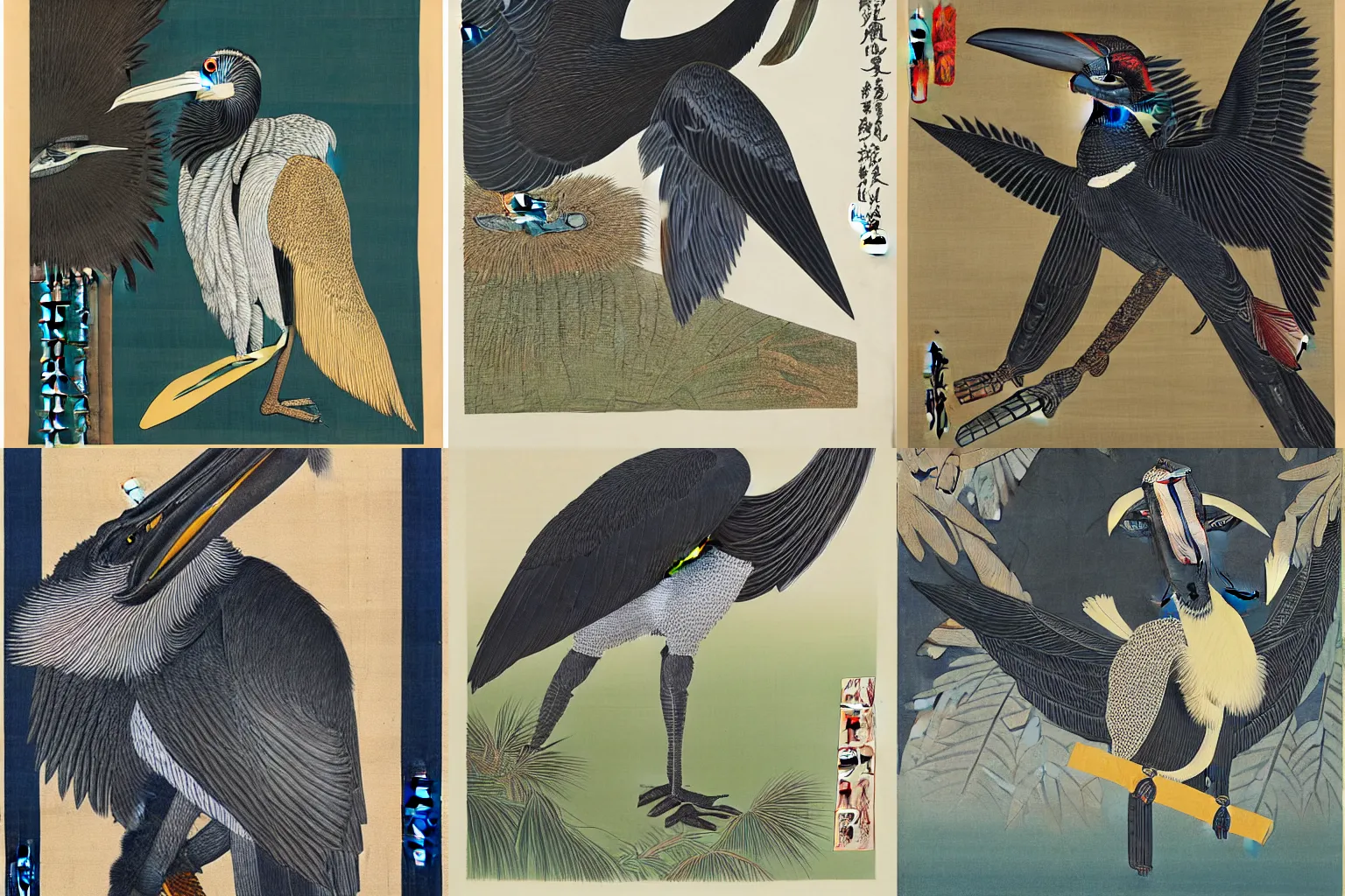 Prompt: a marabou shoebill with big wings, Edo period woodblock print, maximalism, hyperrealism