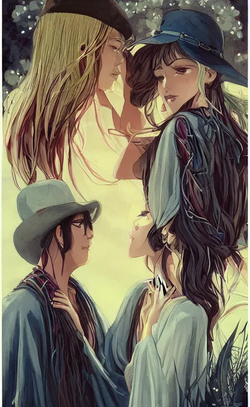 Image similar to bestselling movie poster, official media,a cinematic beautiful closeup moment of lovers saying goodbye wearing boho poncho and sunhat with hyacinths, full body portrait and simple form, brutal shapes, shaman, pixiv, 1970s fashion, official anime media, cinematic lighting, artstation consept artwork by doja cat, charlie bowater, waterhouse, ,greg rutkowski, wong kar wai