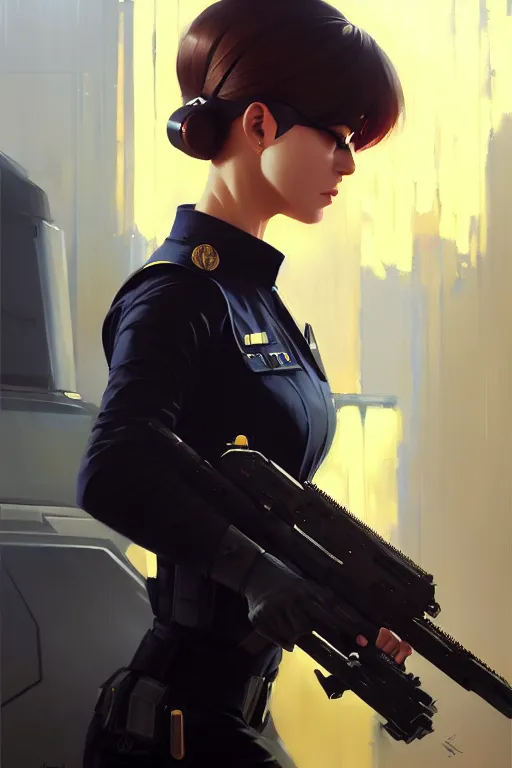 Image similar to a ultradetailed beautiful panting of a stylish swat woman, oil painting, by ilya kuvshinov, greg rutkowski and makoto shinkai, trending on artstation