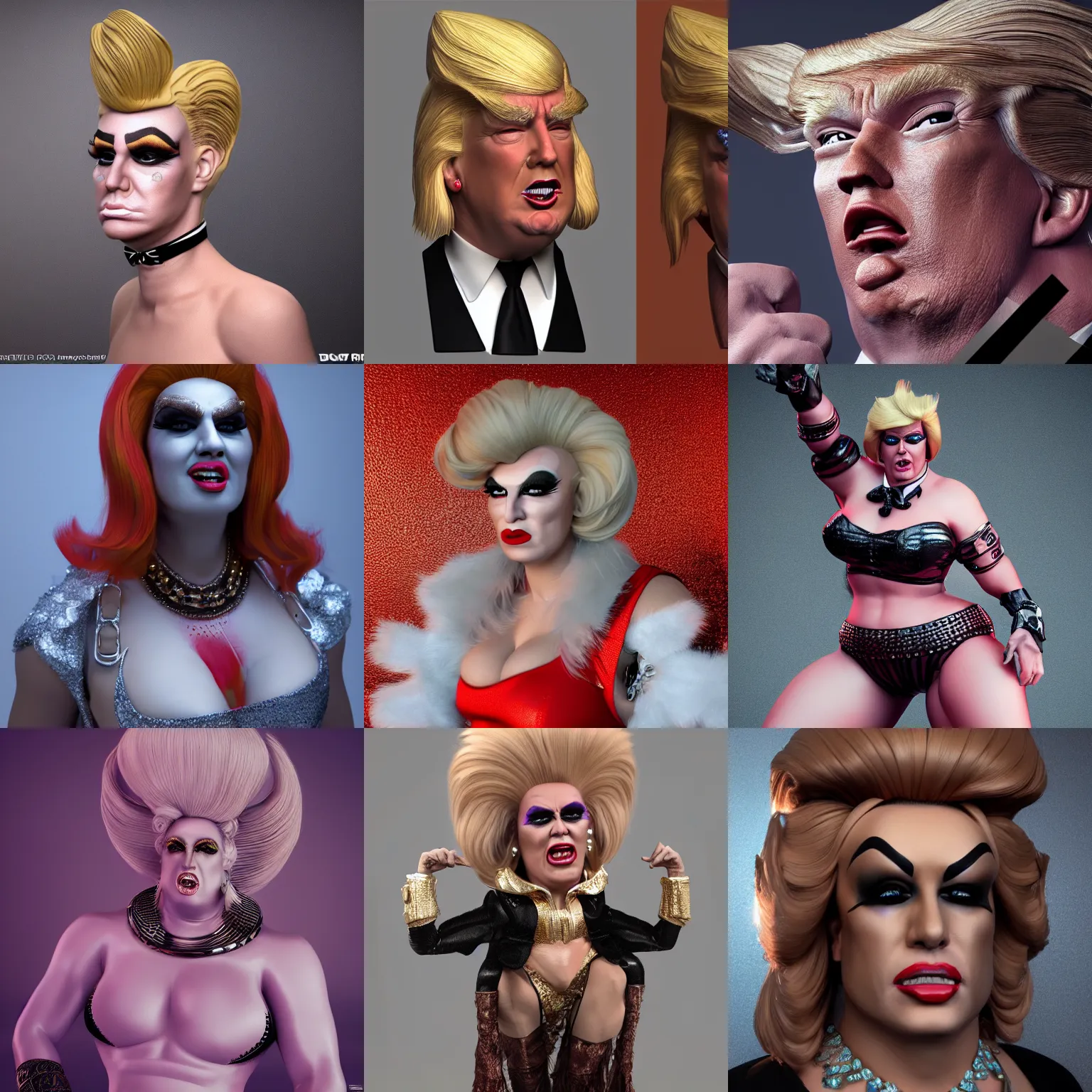 Prompt: trump as cross dressing drag queen heavy make up, trending on artstation, dramatic lighting, octane render, weta digital, micro details, 3 d sculpture, structure, ray trace, insane details, intricate, elite, ornate, elegant