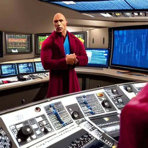 Prompt: The Rock as the Doctor in his burgundy costume in the Tardis secondary control room