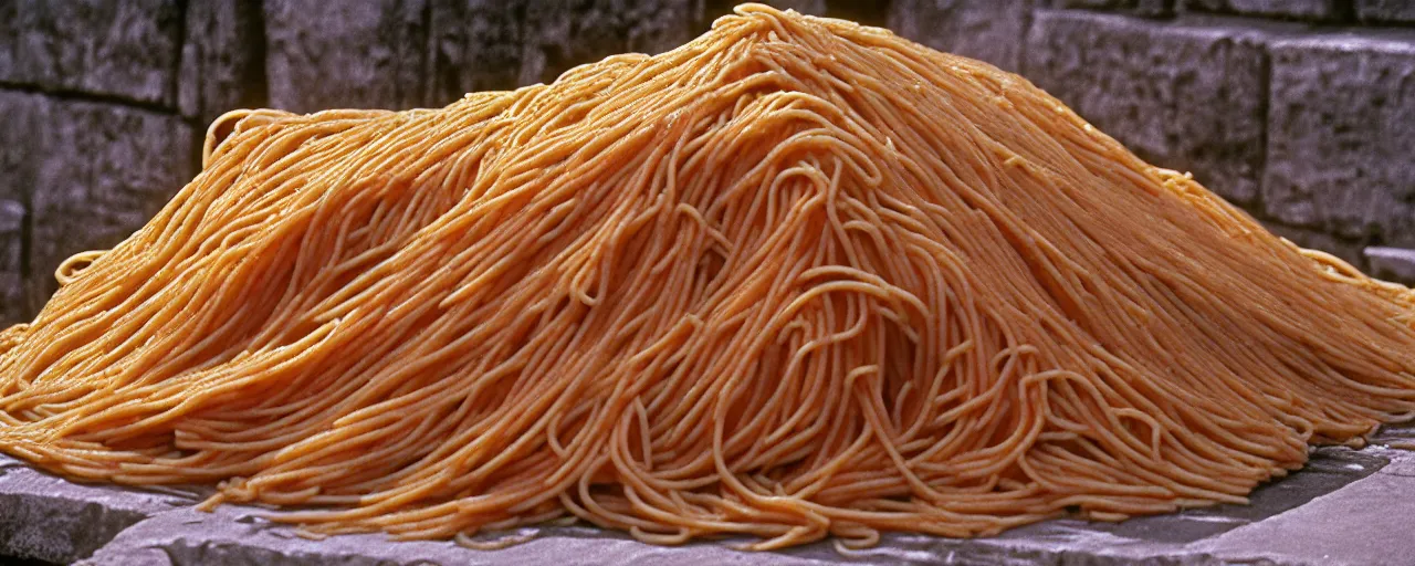 Prompt: pile of spaghetti at the great wall of china, fine detail, canon 5 0 mm, in the style of galen rowell, kodachrome,