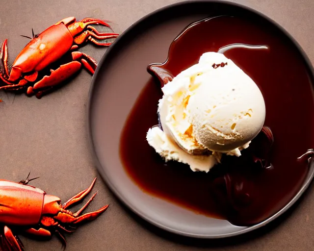 Prompt: dslr food photograph of vanilla ice cream with crawfish, some chocolate sauce, 8 5 mm f 1. 4