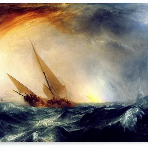 Prompt: giant rainbow - colored scaled octopus attacking a sailing fregate on a stormy wild ocean, by jmw turner