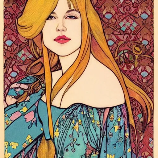 Prompt: young nicole kidman as princess peach painted on wood!! by audrey kawasaki and mucha, blonde, large breasts!!, beautiful dress!!! long hair,