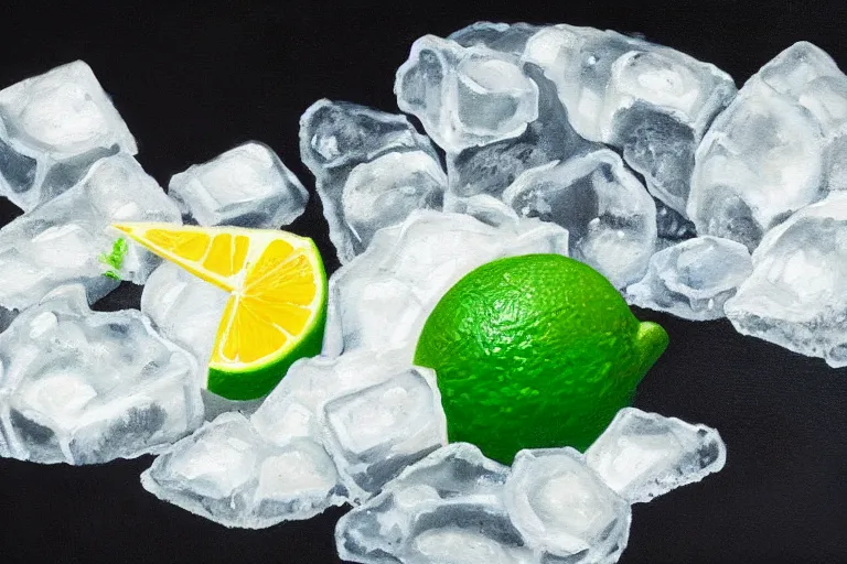 Prompt: oil painting portrait of an ice cube starting to melt in the forefront surrounded by a lime wedge, an empty bottle of tequila and ( fallen salt shaker ). black background