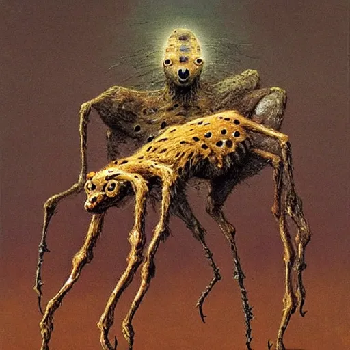 Image similar to spider morphed with hyena, many legs and eyes, large web, highly detailed beksinski art,