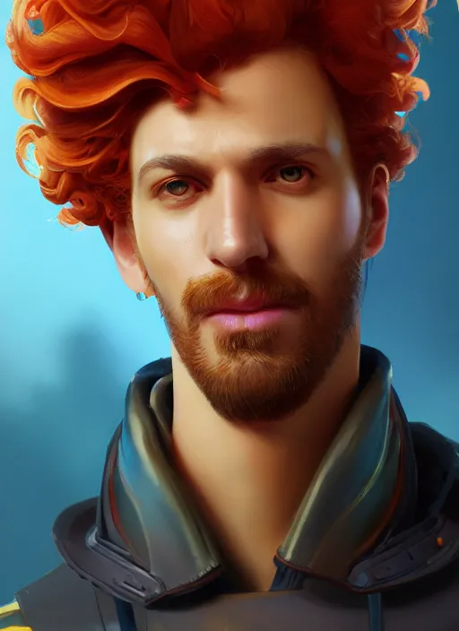 Image similar to synthwave portrait of curly orange hair man from overwatch, au naturel, hyper detailed, digital art, trending in artstation, cinematic lighting, studio quality, smooth render, unreal engine 5 rendered, octane rendered, art style by klimt and nixeu and ian sprigger and wlop and krenz cushart.