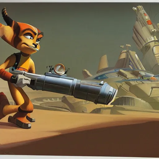 Image similar to ralph mcquarrie concept art for ratchet & clank