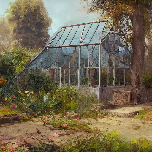 Image similar to painting of an old ancient greenhouse, ruined greenhouse, concept art, artstation, old painting, wild garden