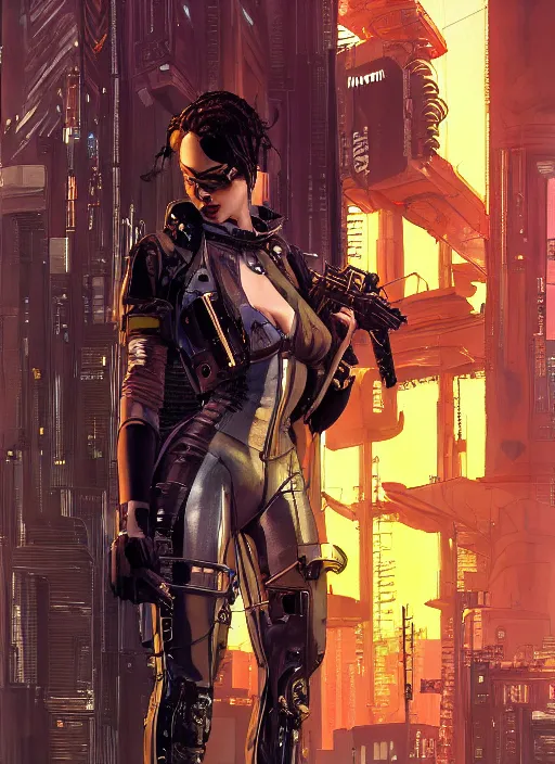 Image similar to selina igwe. cyberpunk mercenary in tactical harness and jumpsuit. dystopian. portrait by stonehouse and mœbius and will eisner and gil elvgren and pixar. realistic proportions. cyberpunk 2 0 7 7, apex, blade runner 2 0 4 9 concept art. cel shading. attractive face. thick lines. moody industrial landscape.