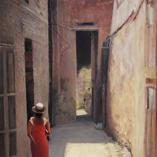 Prompt: A photograph of a Colombian woman in a peach dress, walking away from camera, down a narrow sandstone alley with rough-hewn sandstone building either side, and a varnished wooden door on the right. Ahead is a lantern, attached to the right wall. Late afternoon on a sunny day. Detailed oil painting