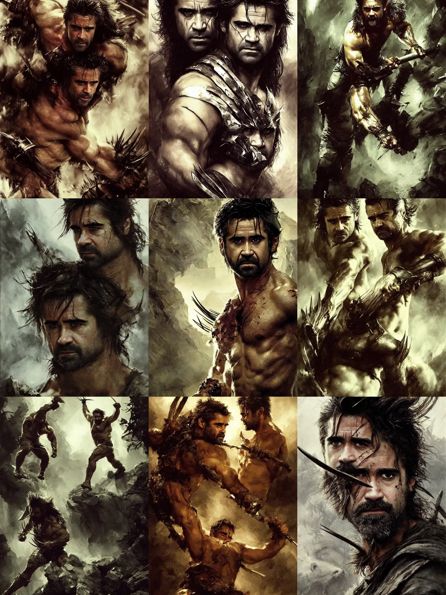 Prompt: colin farrell as berserker wolverine, detailed face, heavily detailed, art by anders zorn, wonderful masterpiece by greg rutkowski, beautiful cinematic light, american romanticism thomas lawrence, greg rutkowski