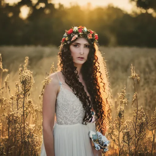 Prompt: a portrait of a woman with curly long hair and birds all around her, there's flowers everywhere, very beautiful ambient light with sun rays hitting her hair, 8k photography, wedding photography